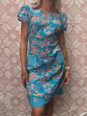 Vintage 1970s Tropical Print Belted Dress